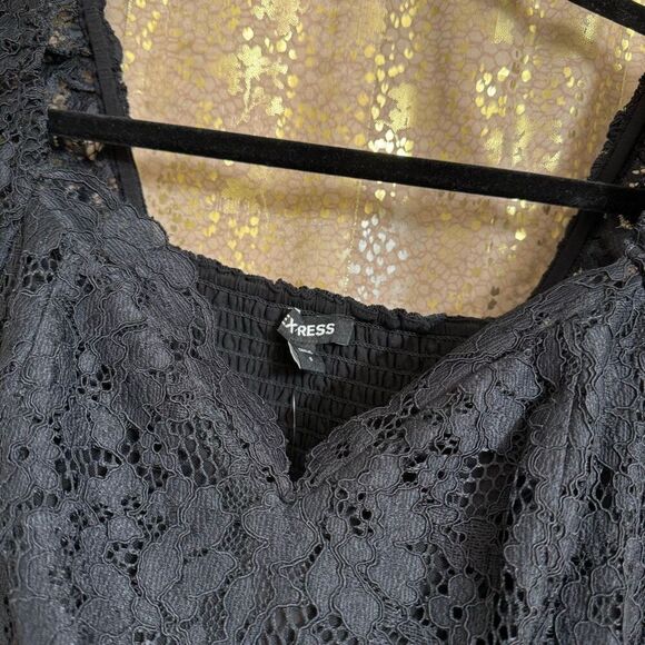 Express Black Sheer Lace Balloon Sleeve Cropped Sweetheart Top Small NWT - Picture 6 of 11